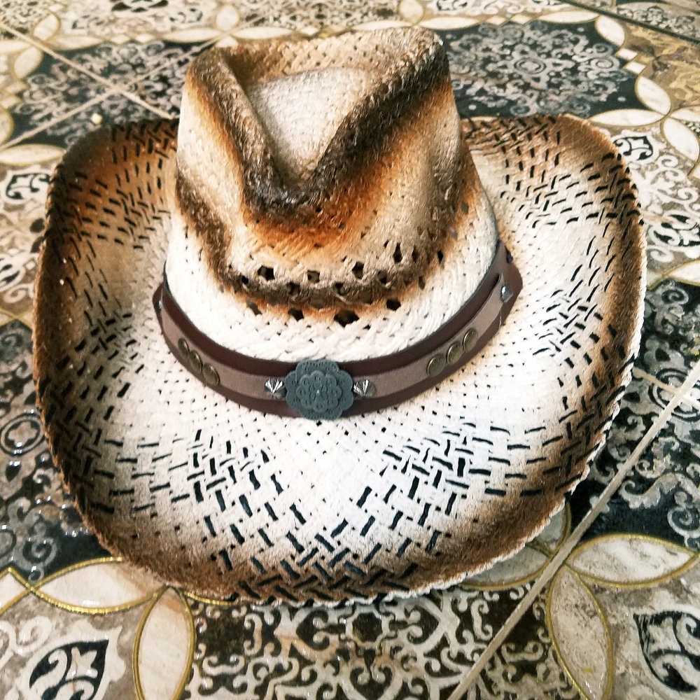 STRAW  WESTERN cowboy HAT Off White TEA STAIN